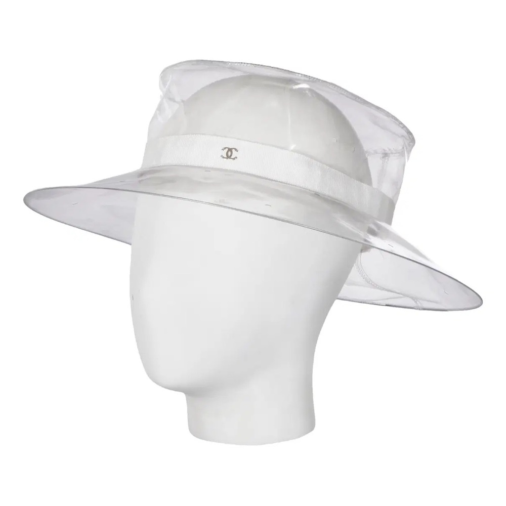 Chanel Runway CC Clear Rain PVC Clear Vinyl Wide-Brim Hat with Ivory Band - Picture 15 of 16